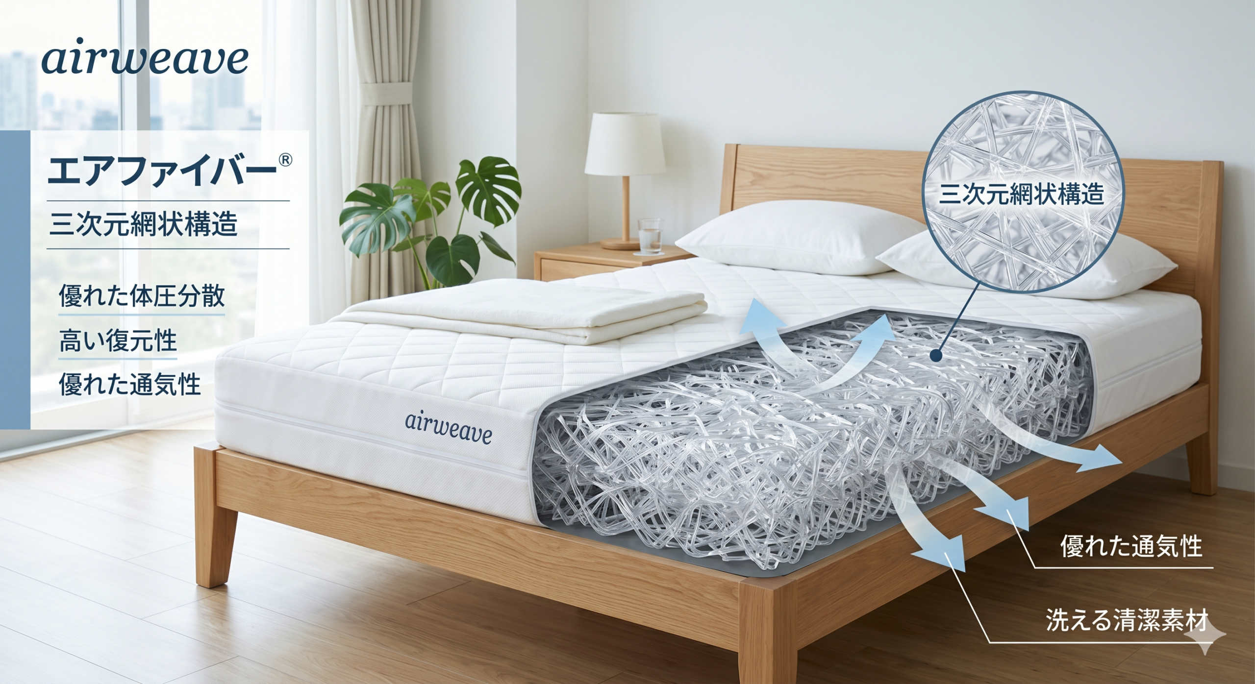 エアウィーヴのベッドマットレスと、その内部素材「エアファイバー」が透けて見えるような技術イメージ画像。清潔感と科学的根拠を感じさせるもの。