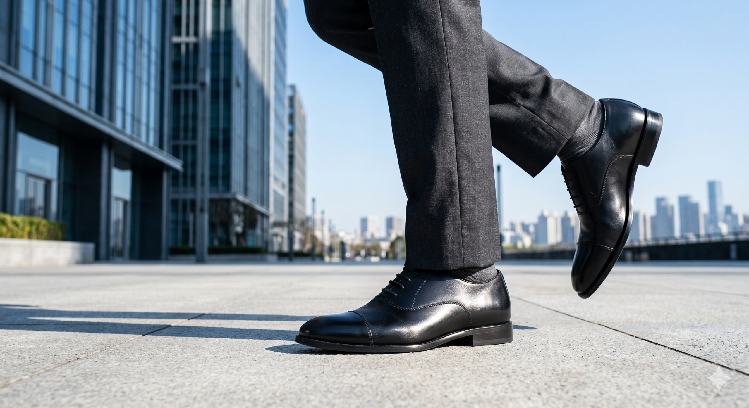 クリアな青空に向かって歩き出す足元のアップ。