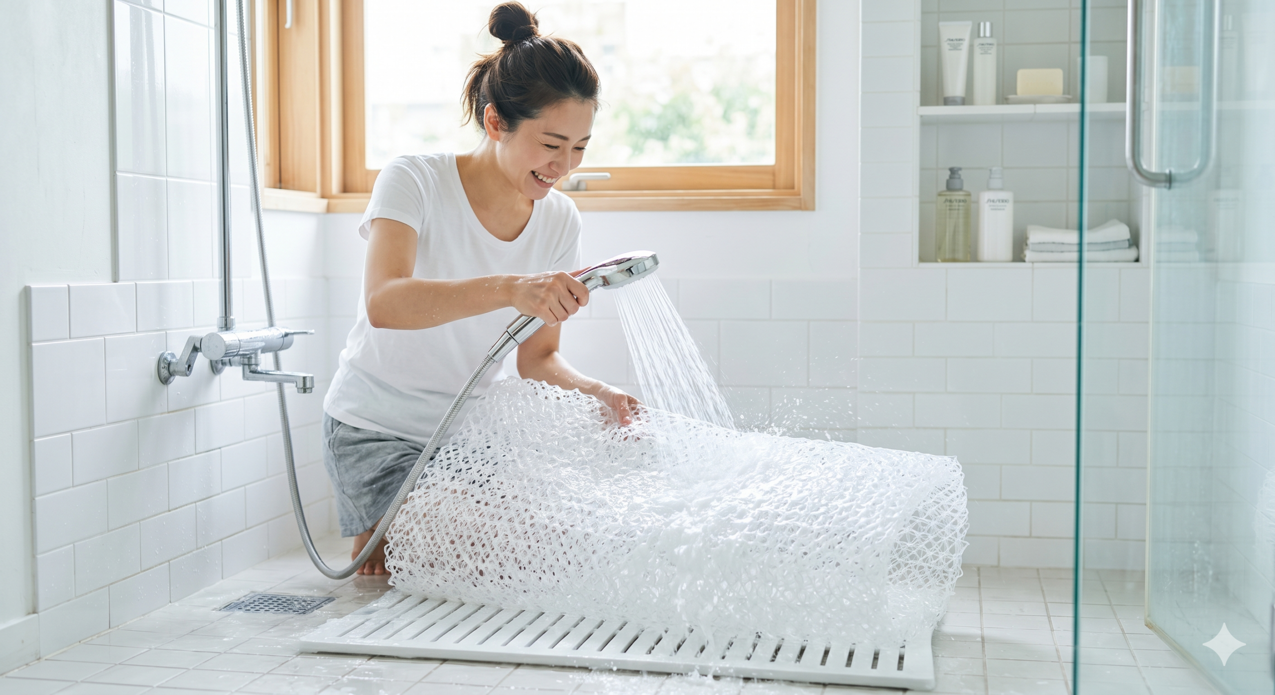 お風呂場でエアウィーヴの素材（エアファイバー）にシャワーをかけて洗っているシーン。清潔感を強調。