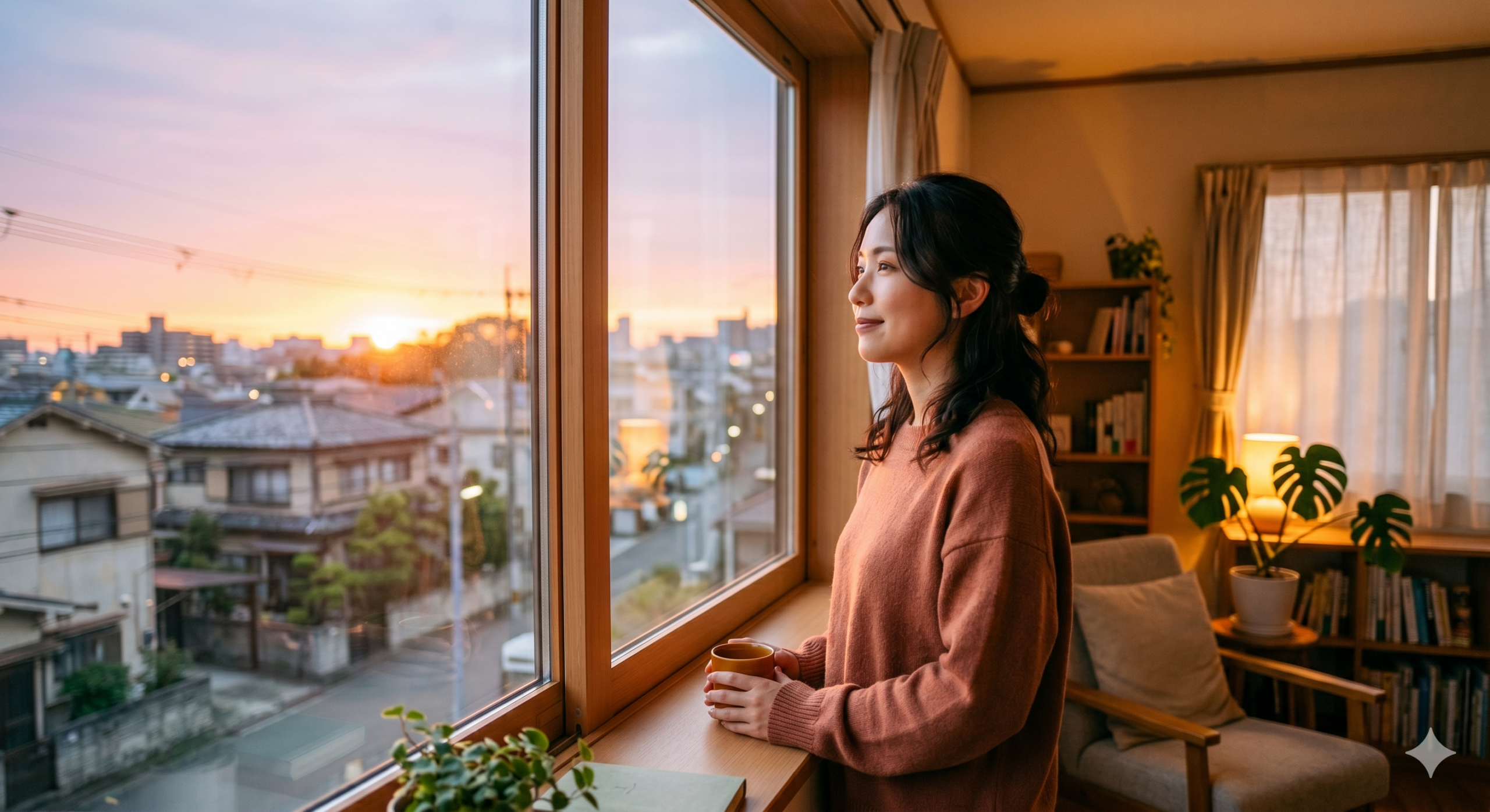 夕暮れ時、穏やかな表情で窓の外を眺める人物。暖かく優しい光。