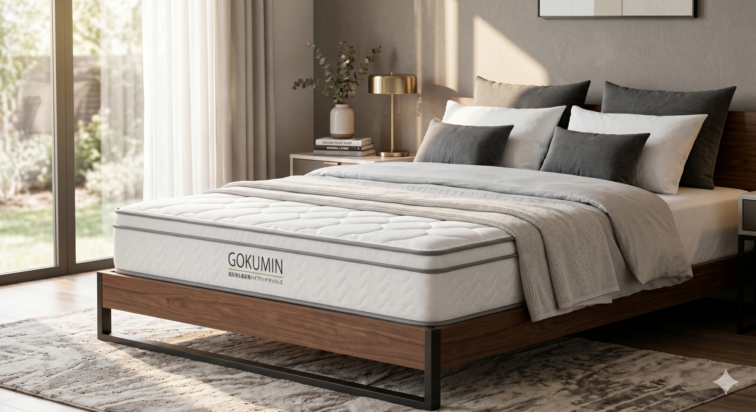 GOKUMINマットレスのスタイリッシュな商品画像。低価格ながら高品質に見える演出。