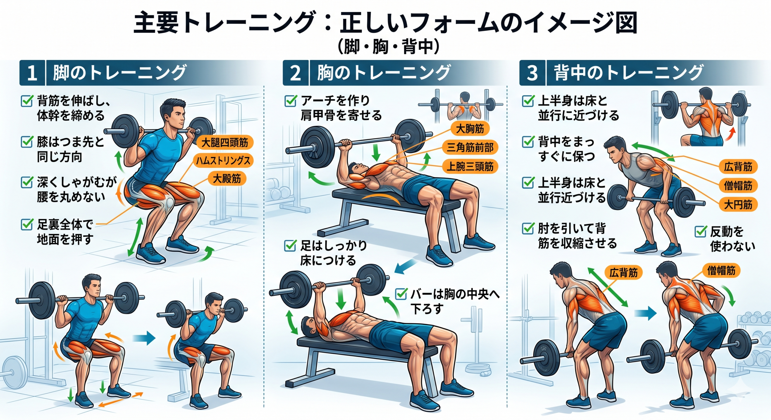 主要な3つのトレーニング（脚・胸・背中）を行う際の正しいフォームのイメージ図