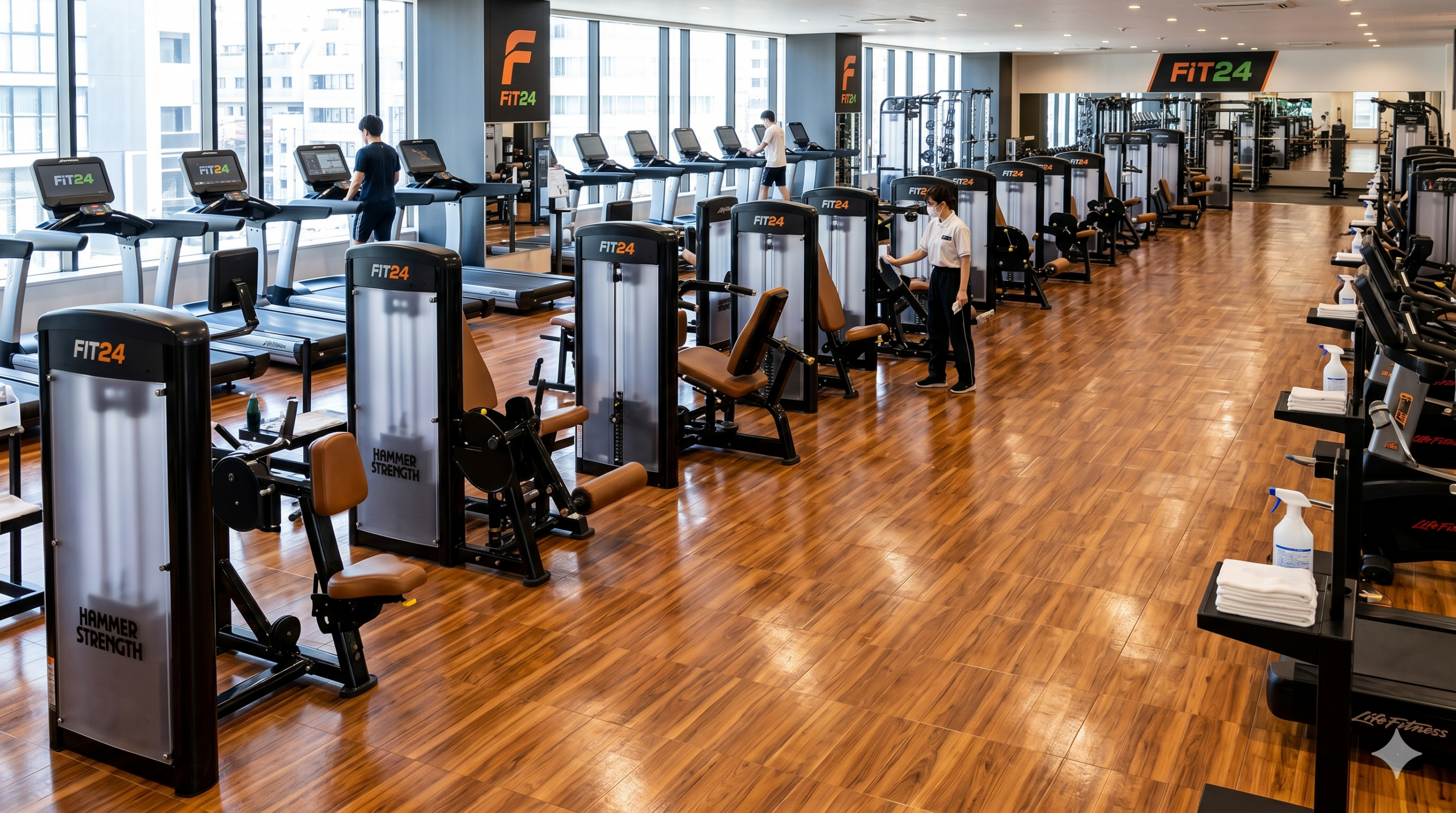 清潔感あふれるFiT24のフロアと、整然と並ぶ高級感のあるトレーニングマシン