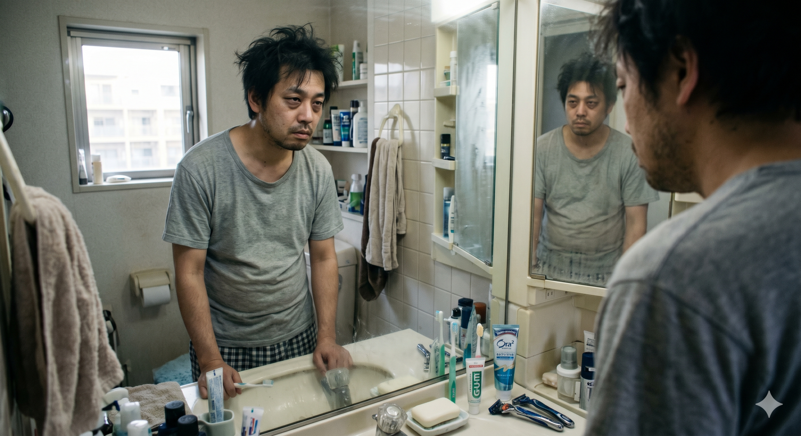 朝の洗面所で、冴えない表情で自分の体型を鏡越しに見つめる疲れ切った社会人の姿