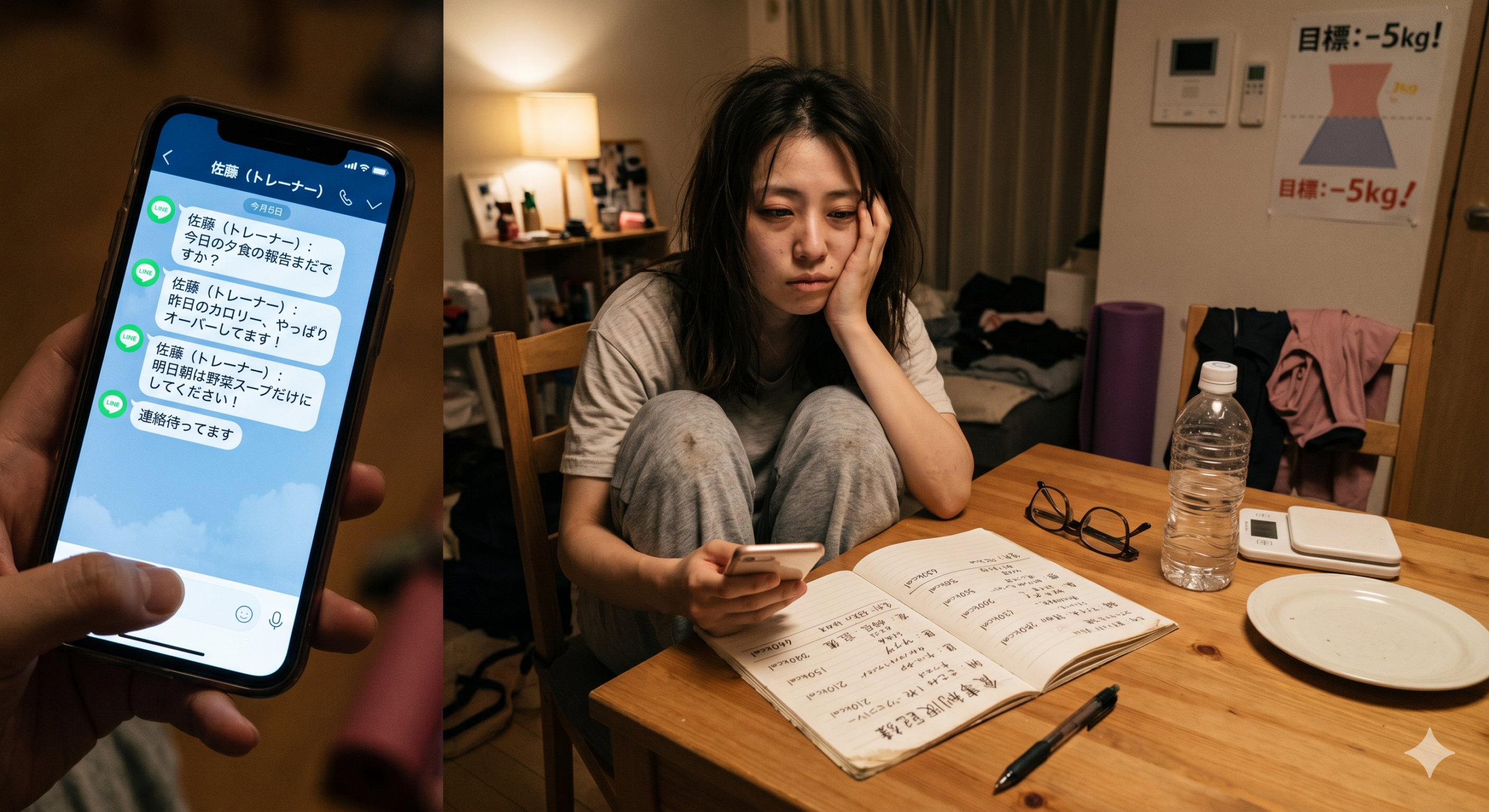 厳しい食事制限の記録や、トレーナーからのLINEに追われ、疲弊している様子