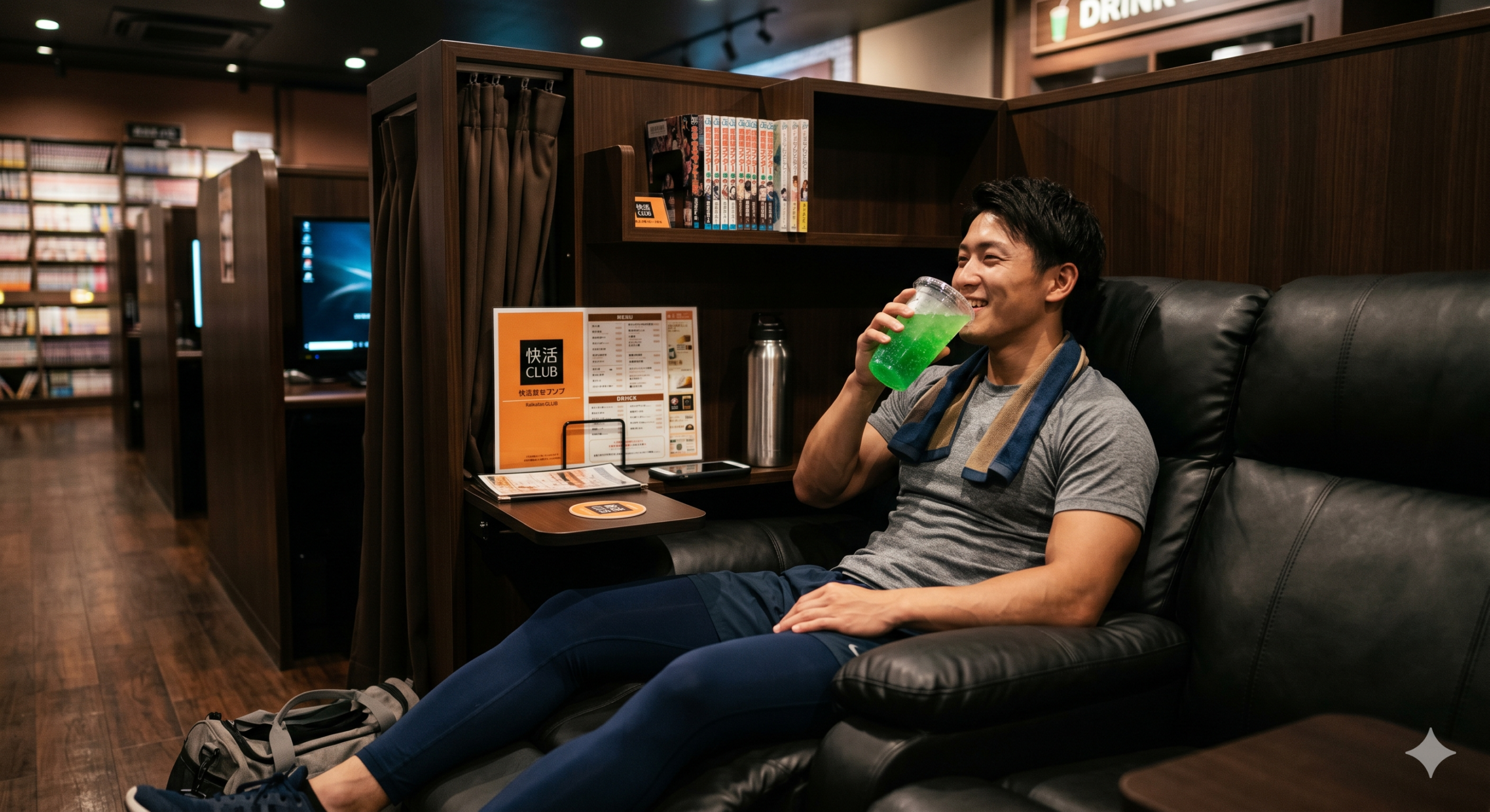トレーニング後、快活CLUBの快適なソファでドリンクを飲みながらリラックスする姿