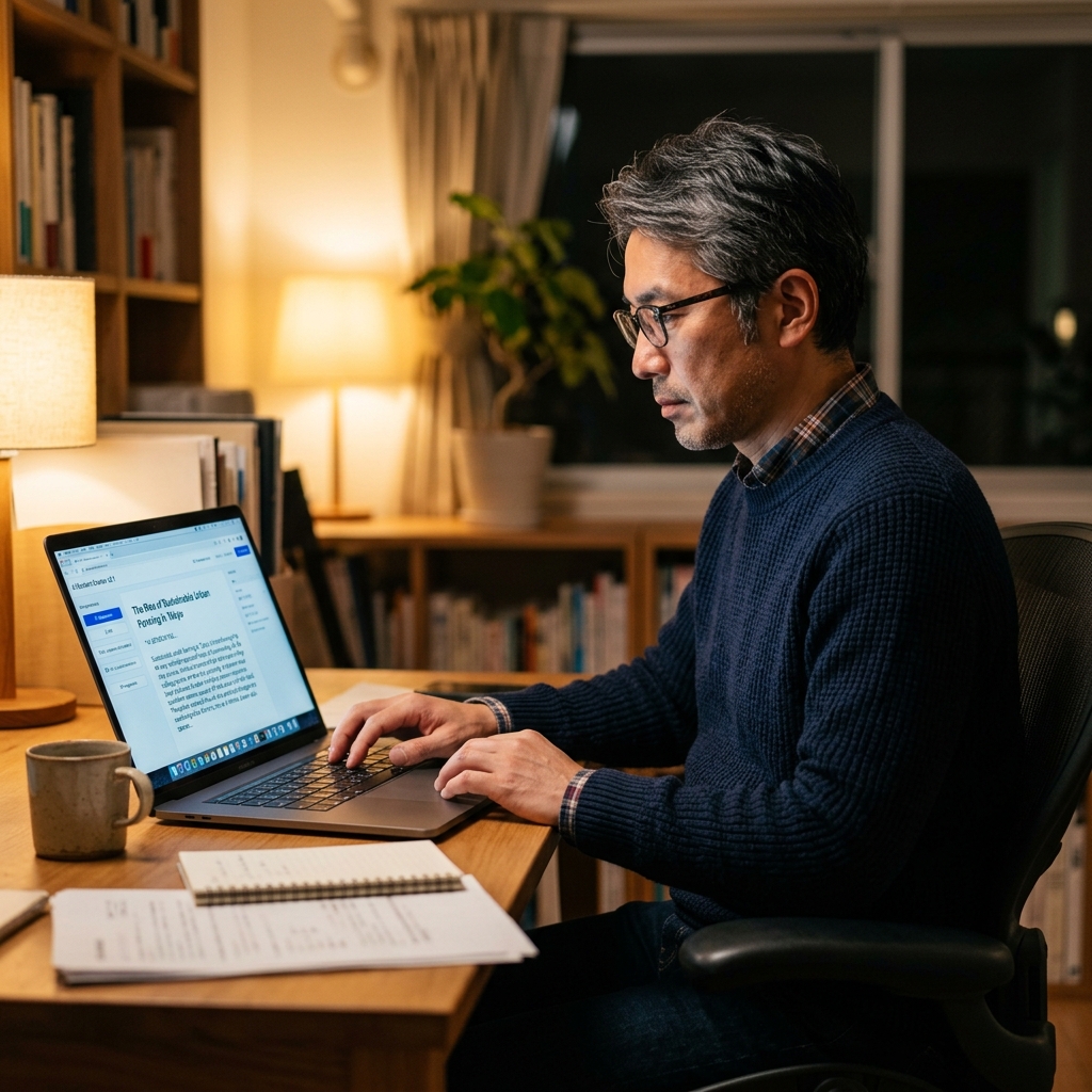 自宅のリビングでノートパソコンに向かいブログを書いている40代日本人男性