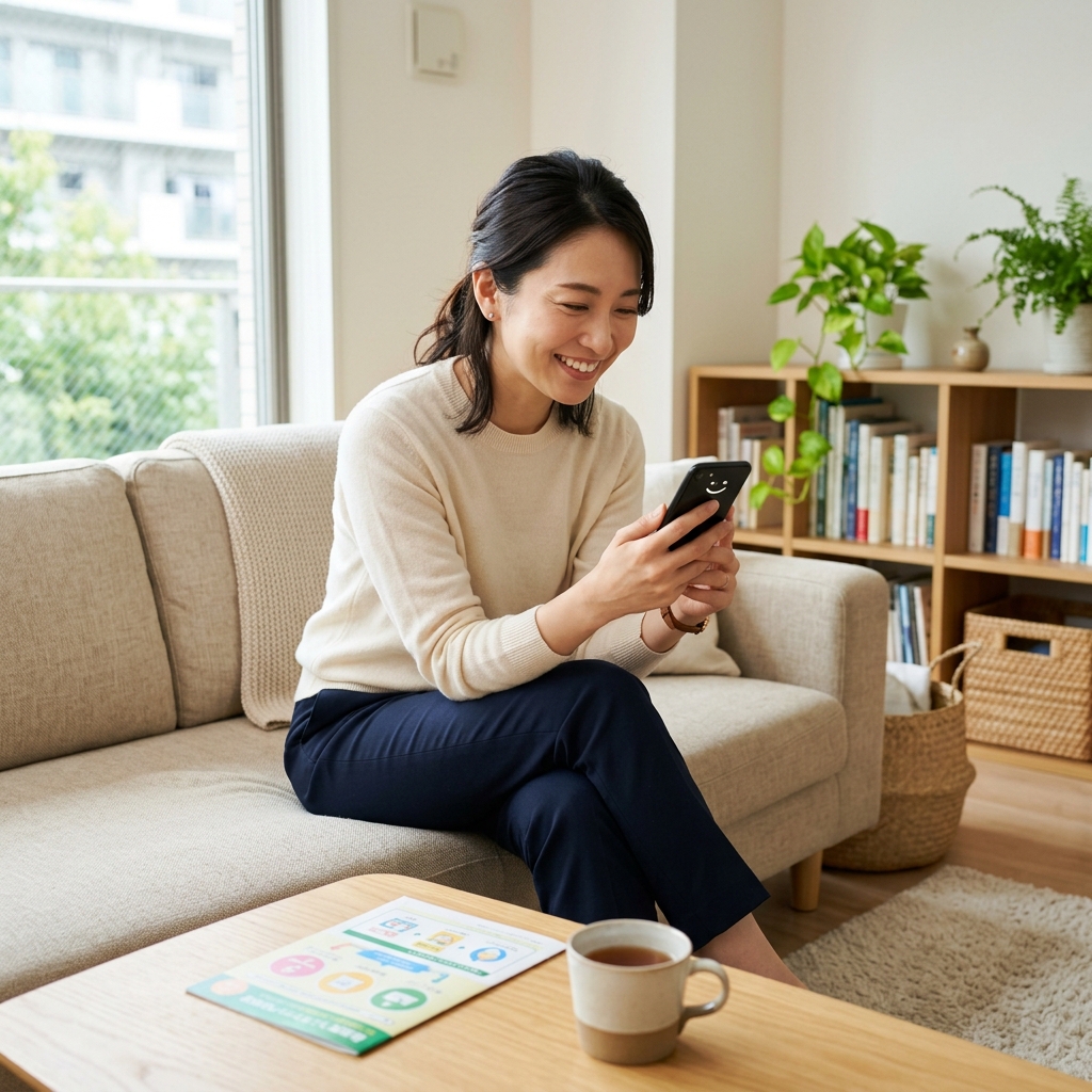 銀行のパンフレットを見て困り顔からスマホを見て笑顔になる日本人女性