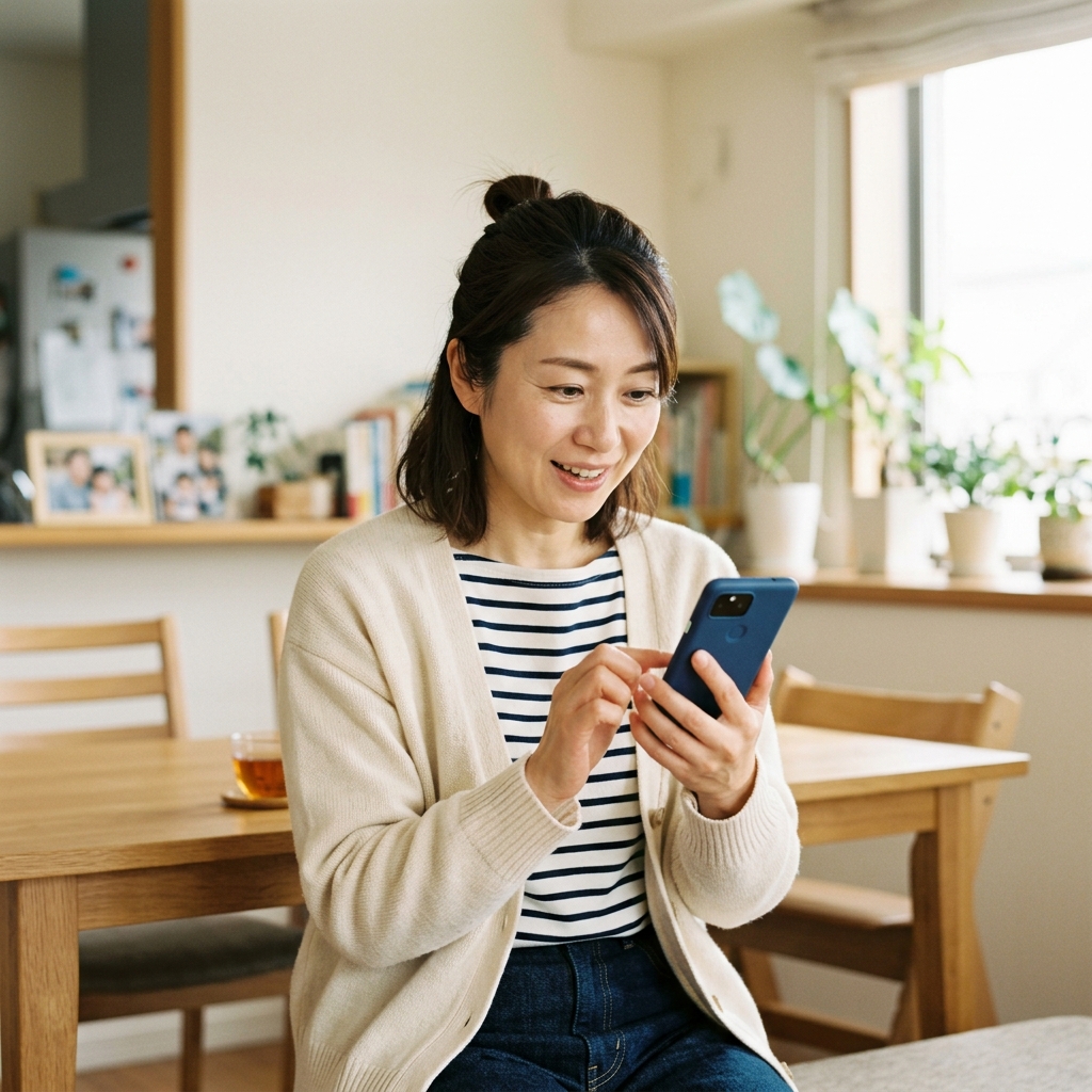 スマホ画面を見て驚きと喜びの表情を浮かべる女性