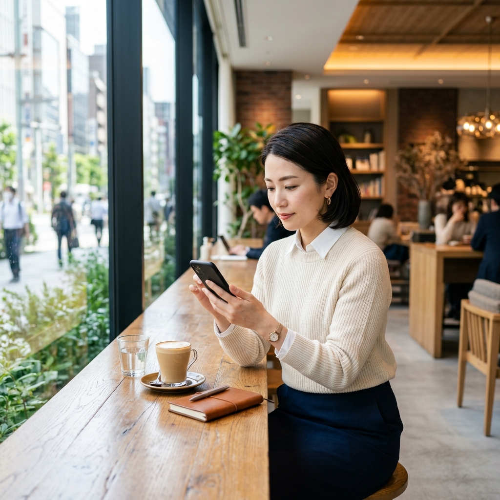 スマホで株価をチェックする女性