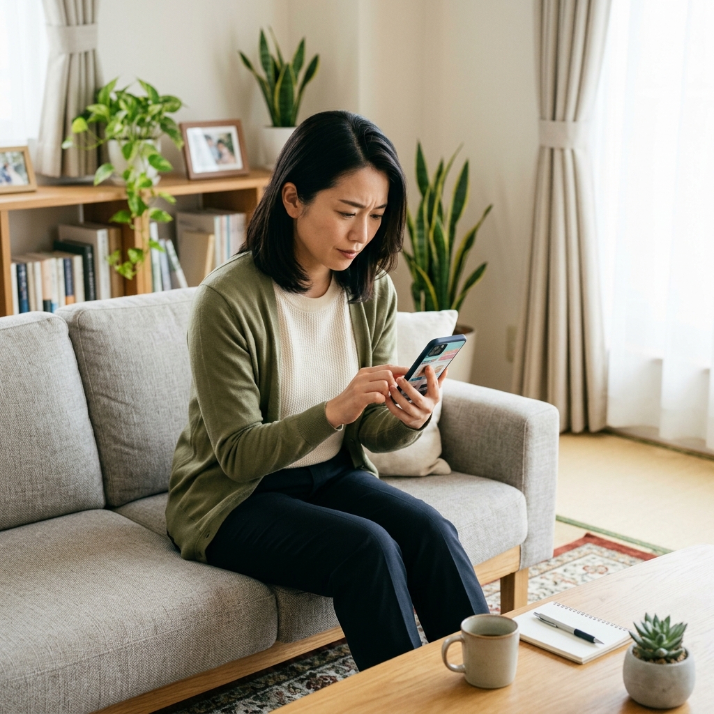 スマホ画面で複数のネット証券を比較検討する女性