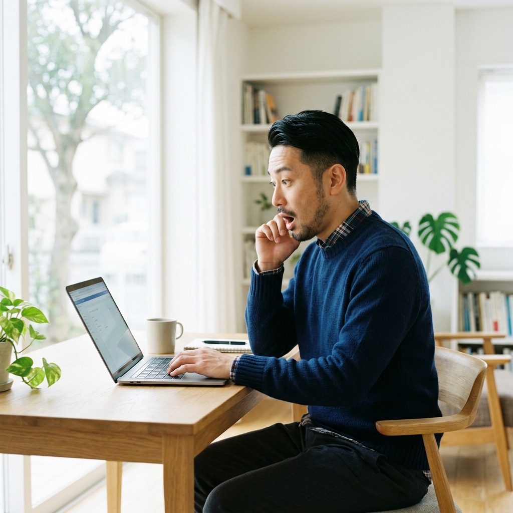 スマホやパソコンで入力ミスに気づいて驚く日本人男性
