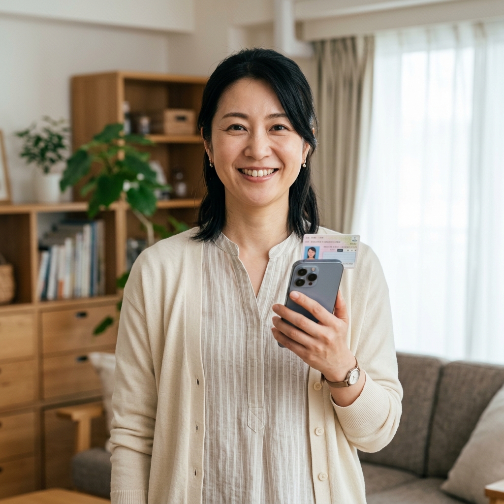 マイナンバーカードとスマホを重ねて持ち、自信ありげな女性