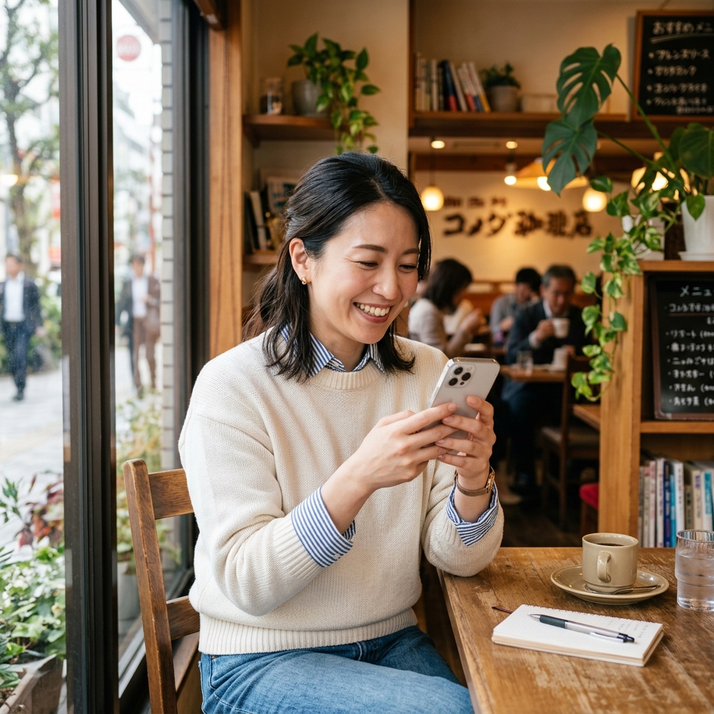 スマートフォンを見ながら嬉しそうに微笑む清潔感のある女性