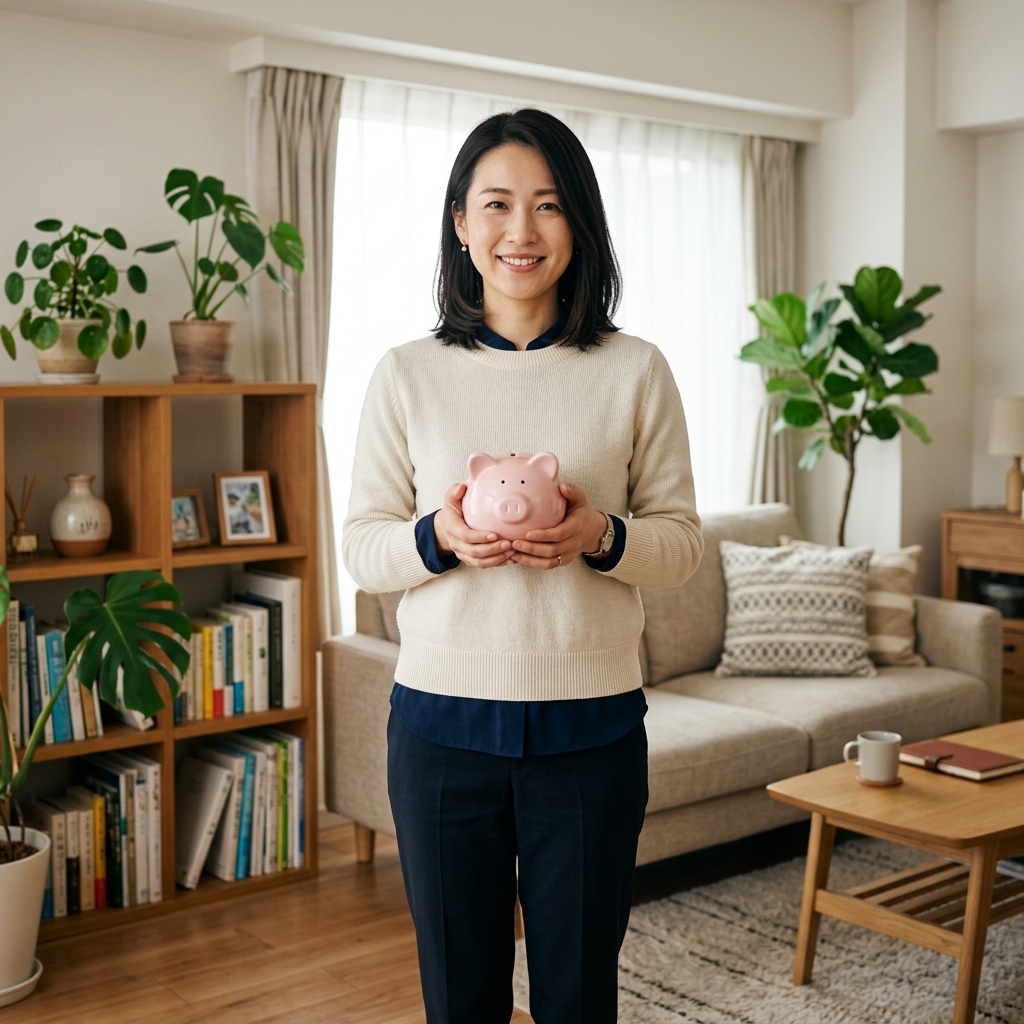 貯金箱を持って微笑む女性