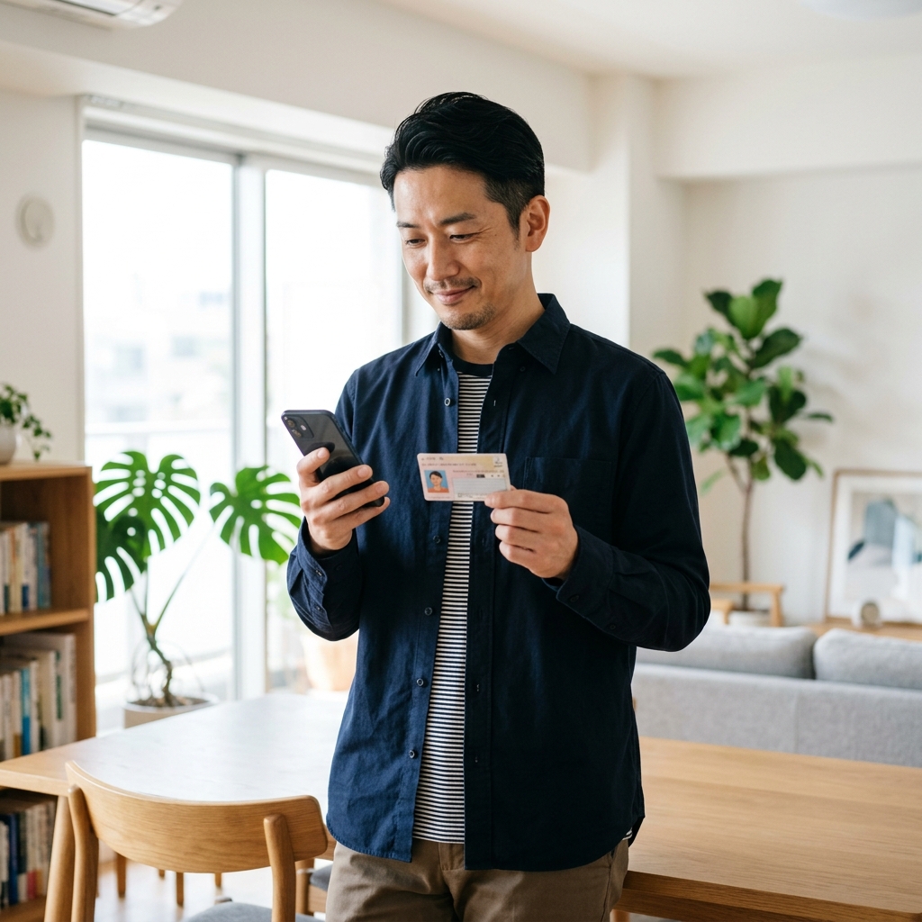 マイナンバーカードとスマホを手に持ち確認する日本人男性