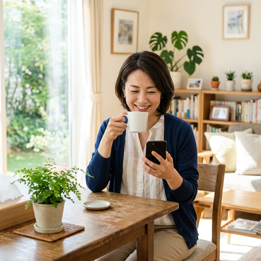 口座開設完了のメールを見てほっとしている女性