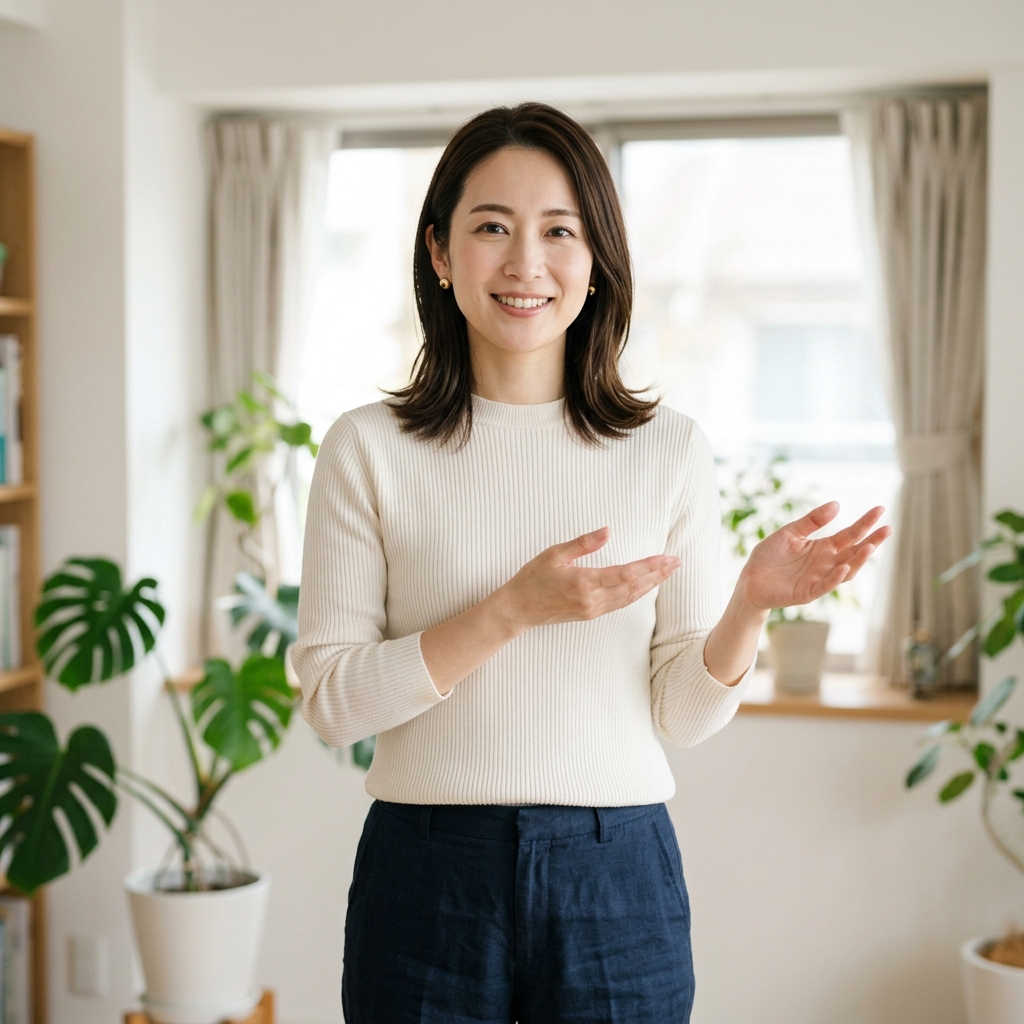 手を使って分かりやすく説明する清潔感のある女性