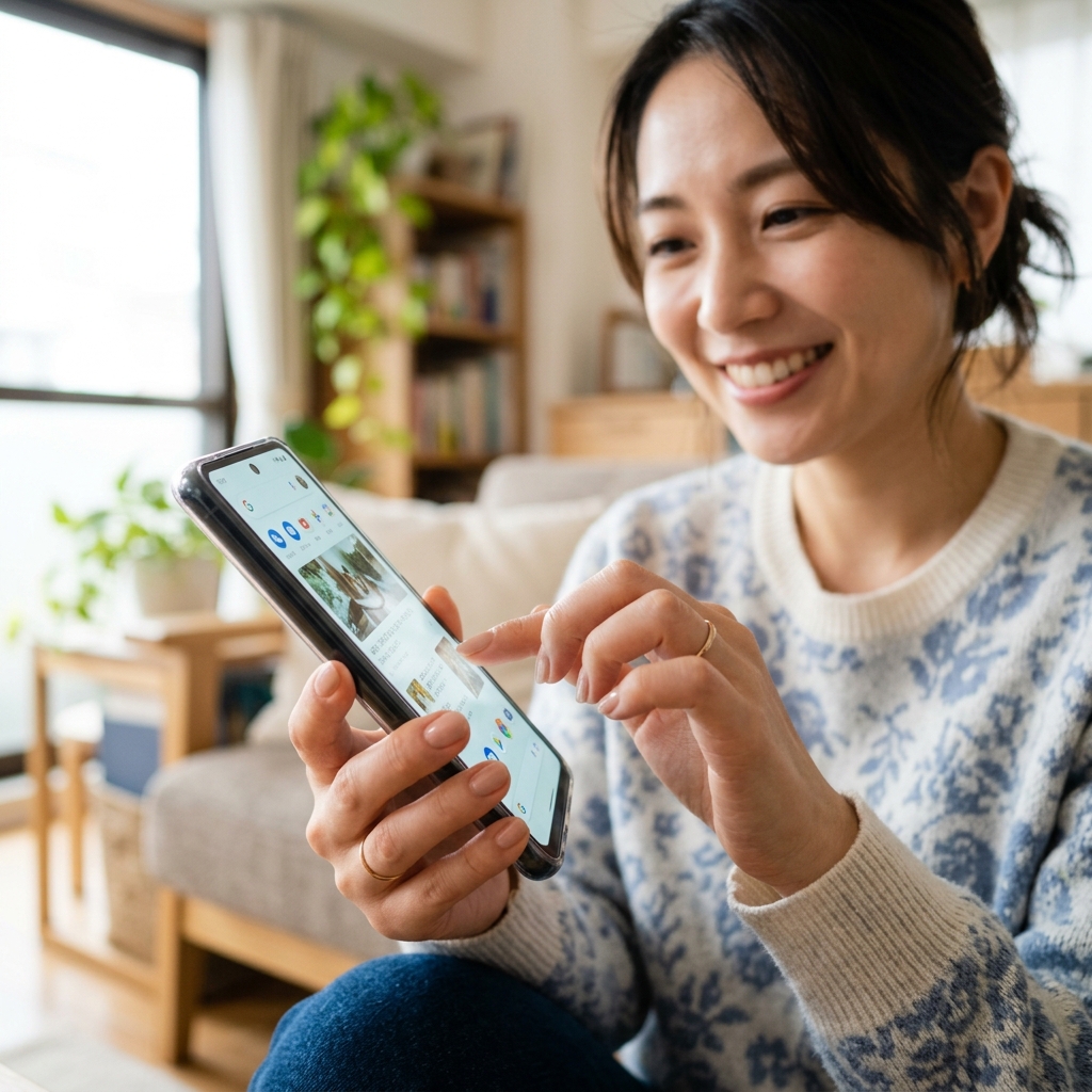 スマホでサクサクと申し込み操作をしている手元と笑顔の女性