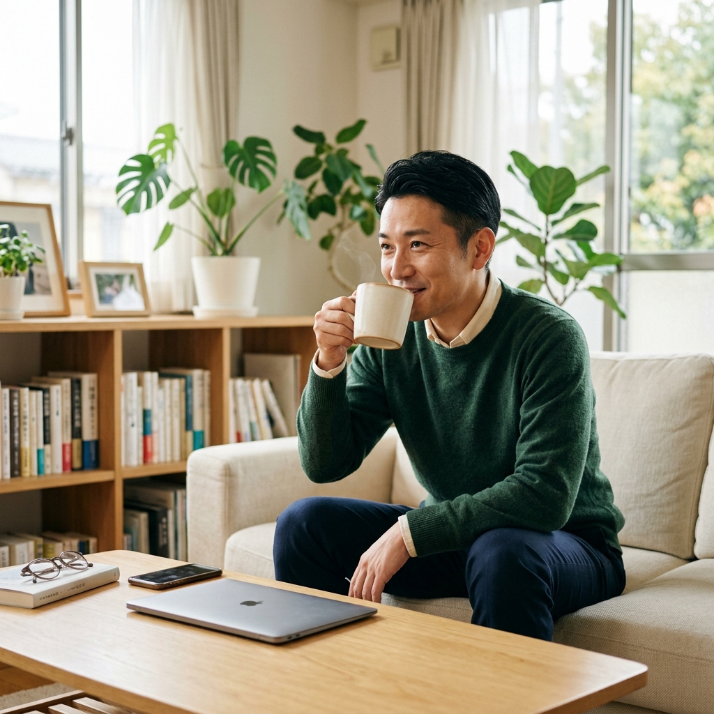無事に口座開設が完了し、ほっとコーヒーを飲む日本人男性