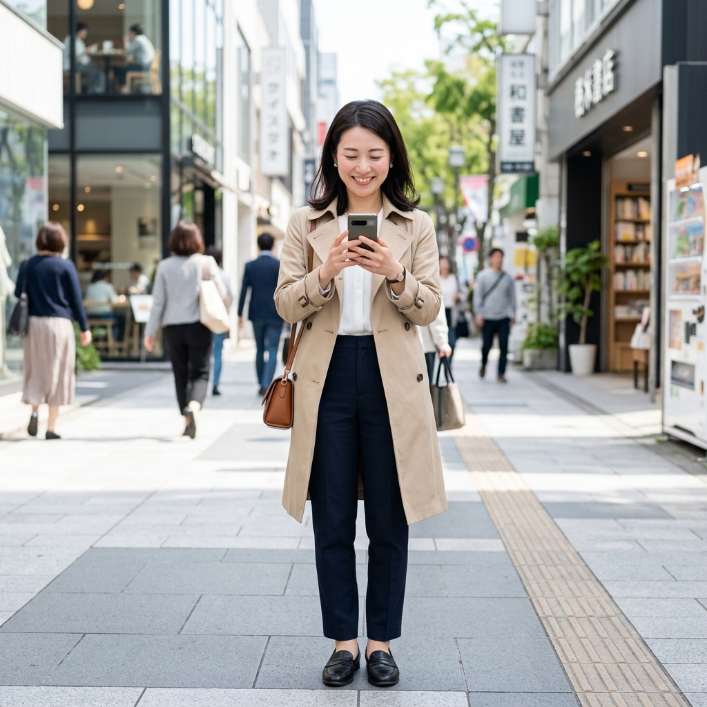 スマホを見て喜ぶ女性