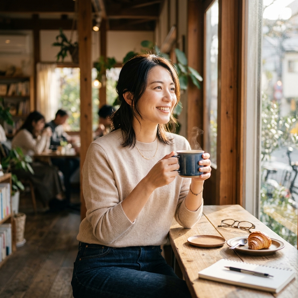 コーヒーカップを持ちながらリラックスして微笑む清潔感のある女性