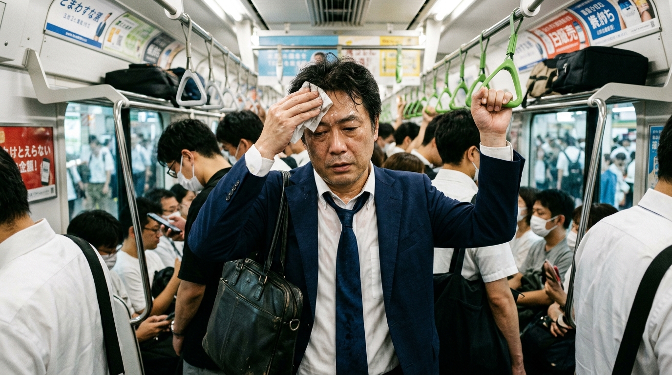夏の満員電車で汗だくになって疲れ果てている男性