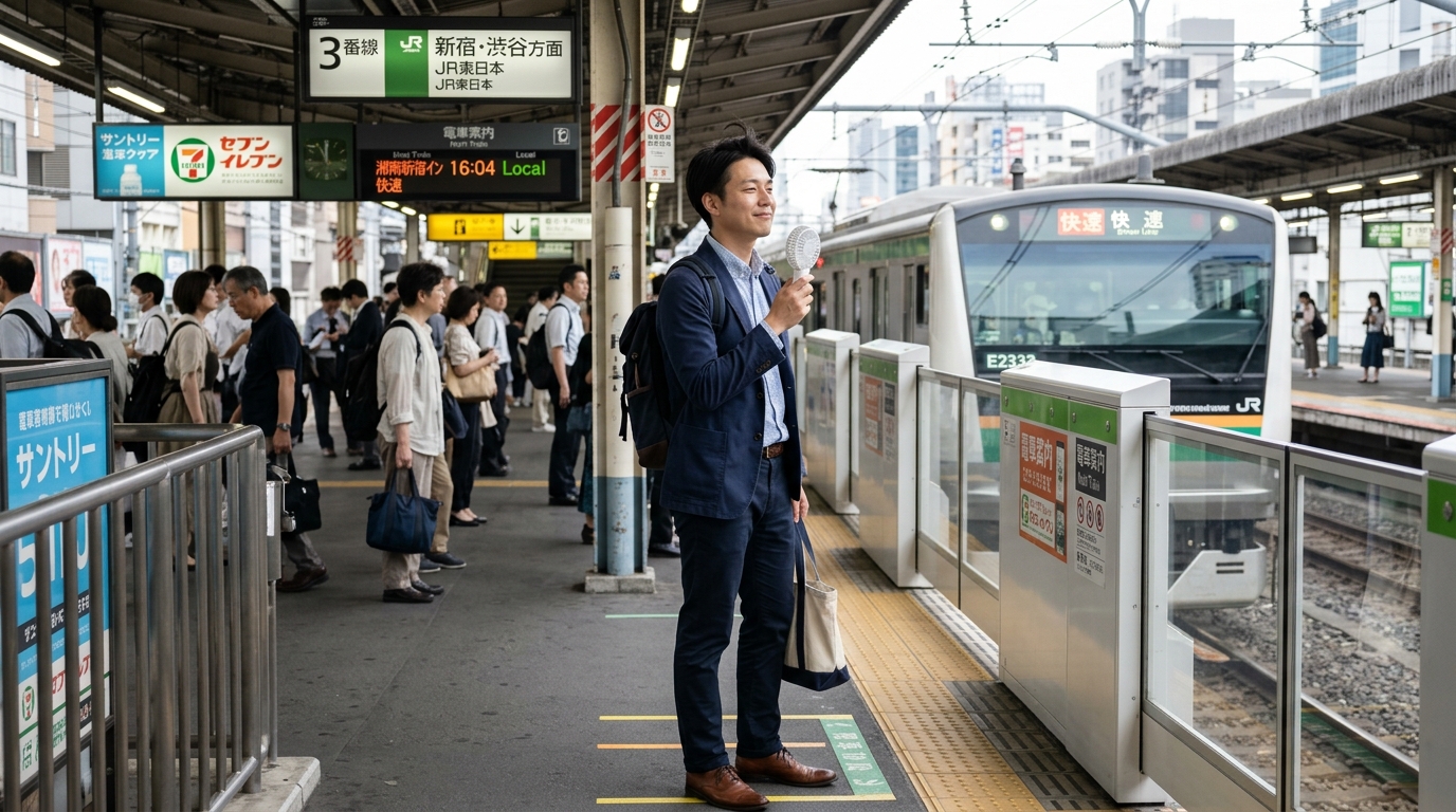薄型のハンディファンを使いながら通勤する男性