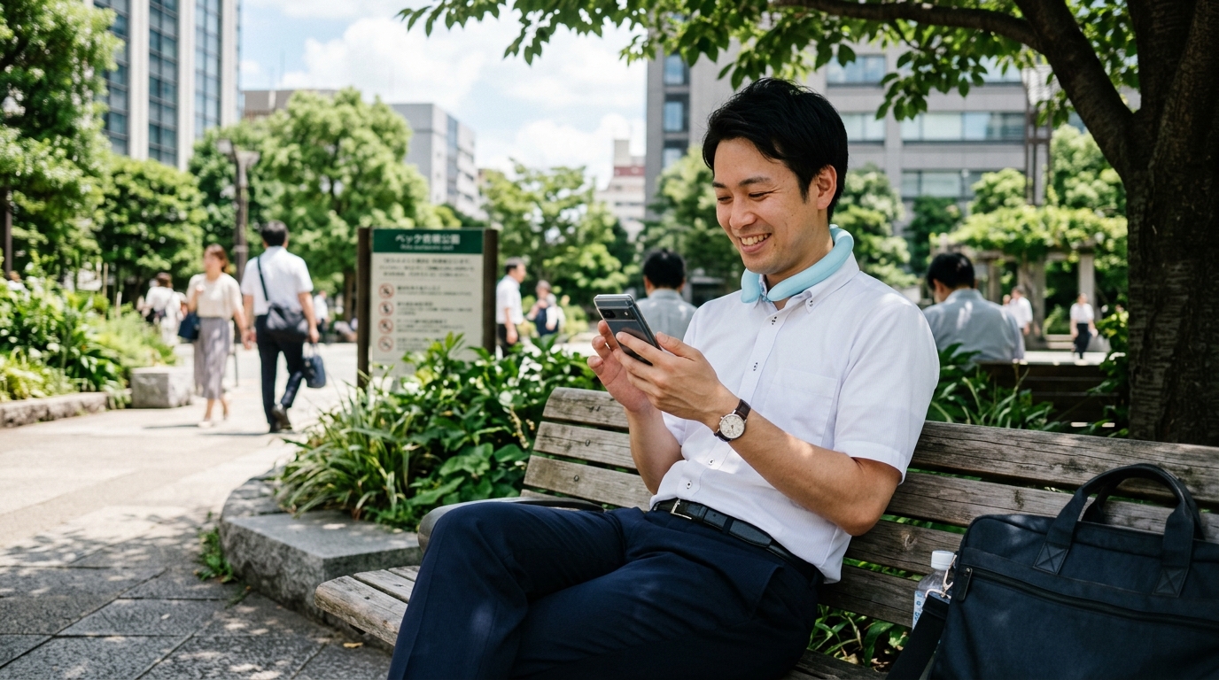 クールリングを首につけて快適にスマホを操作する人