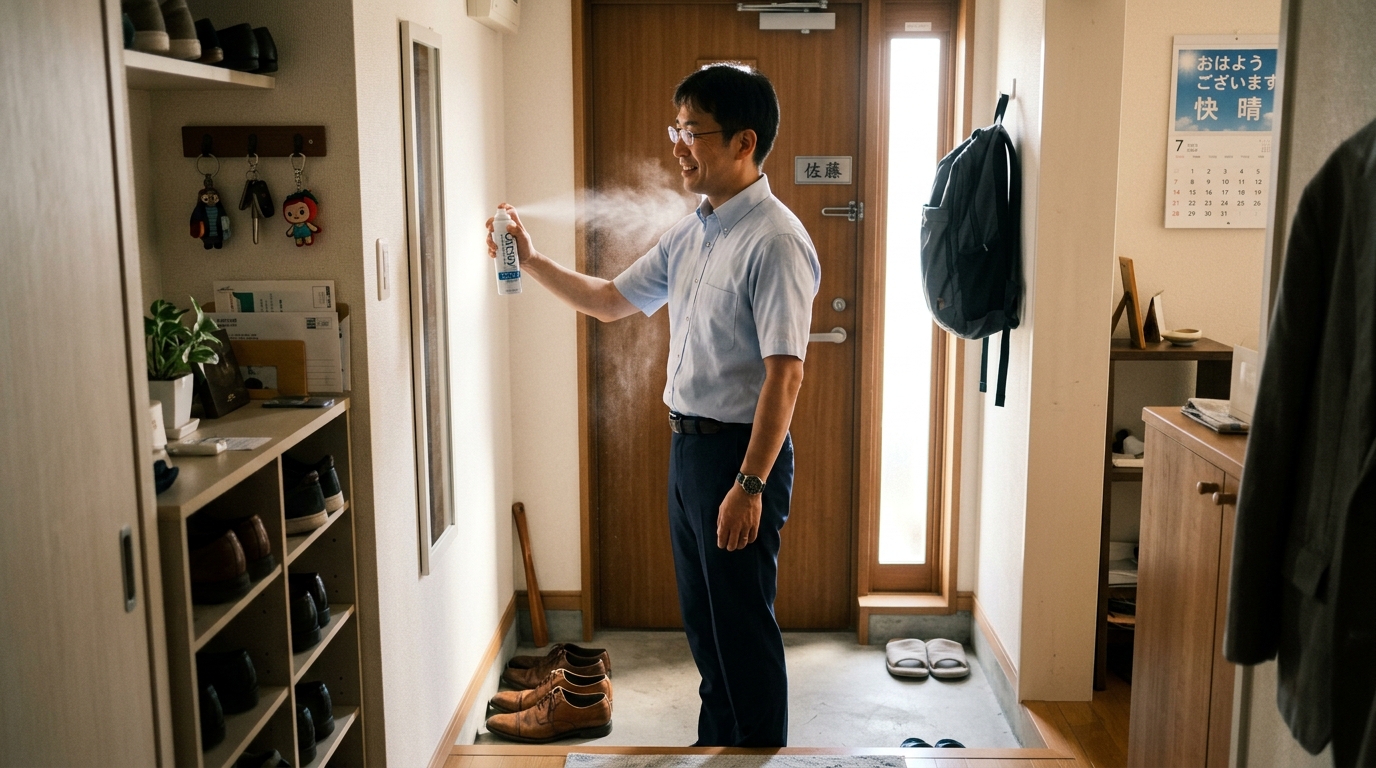出勤前に服に冷感スプレーをかけている様子
