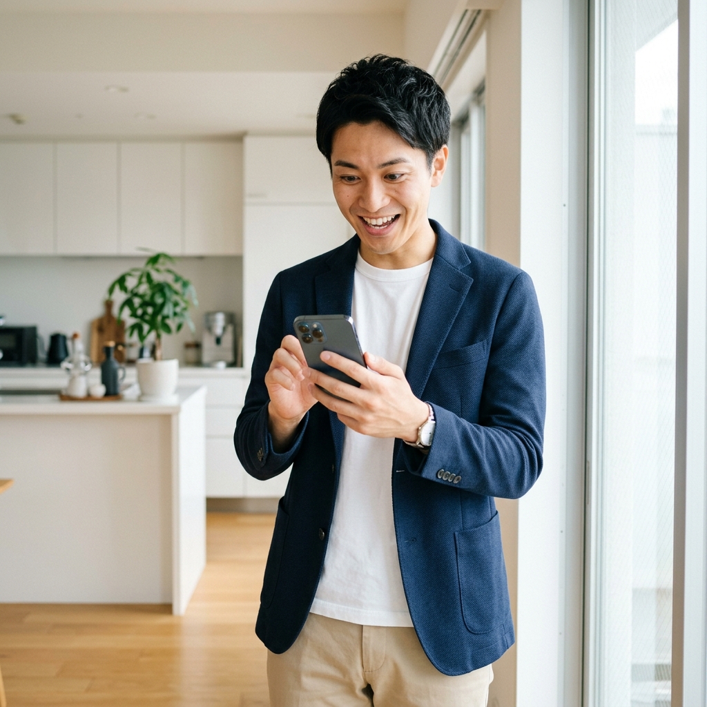 スマホを見て節約効果に驚き、喜ぶ20代の若手社会人