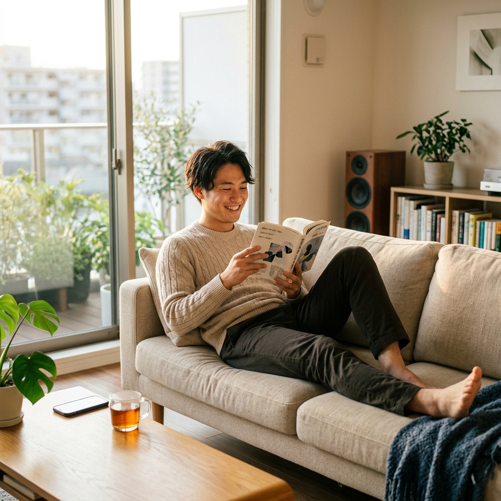 ソファでリラックスしながら、余裕を持った笑顔でビジネス書（自己啓発本）を読む20代