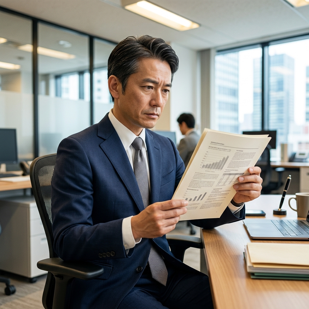 就業規則や書類を慎重に見つめるスーツ姿の40代サラリーマン