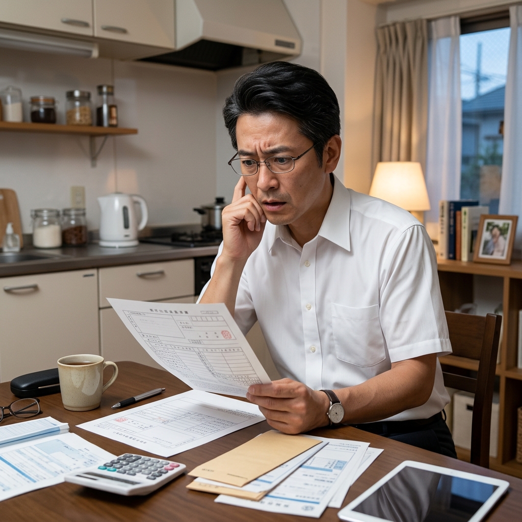 自宅で住民税の通知書を見て驚きと焦りの表情を浮かべる40代男性