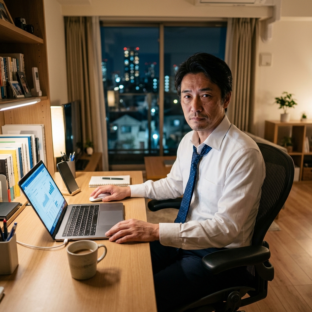 ネクタイを緩め、疲れながらも真剣にパソコンに向かう40代サラリーマン