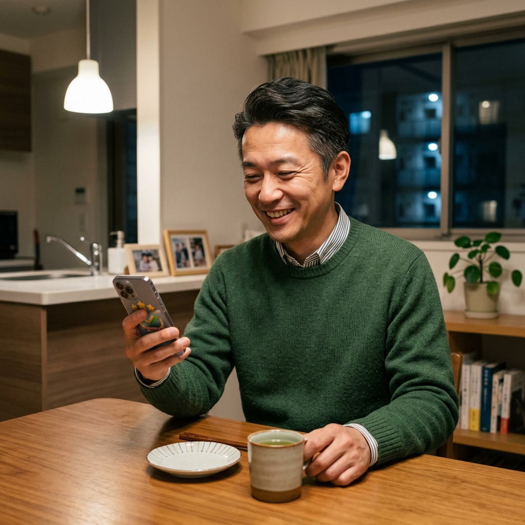 ダイニングテーブルでスマホを見て満足そうに微笑む40代男性