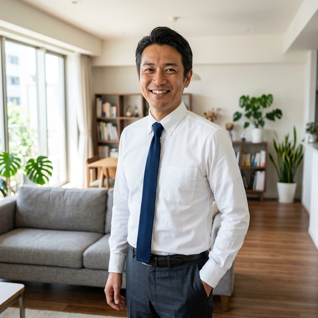 副業で自信をつけ笑顔を見せる40代男性