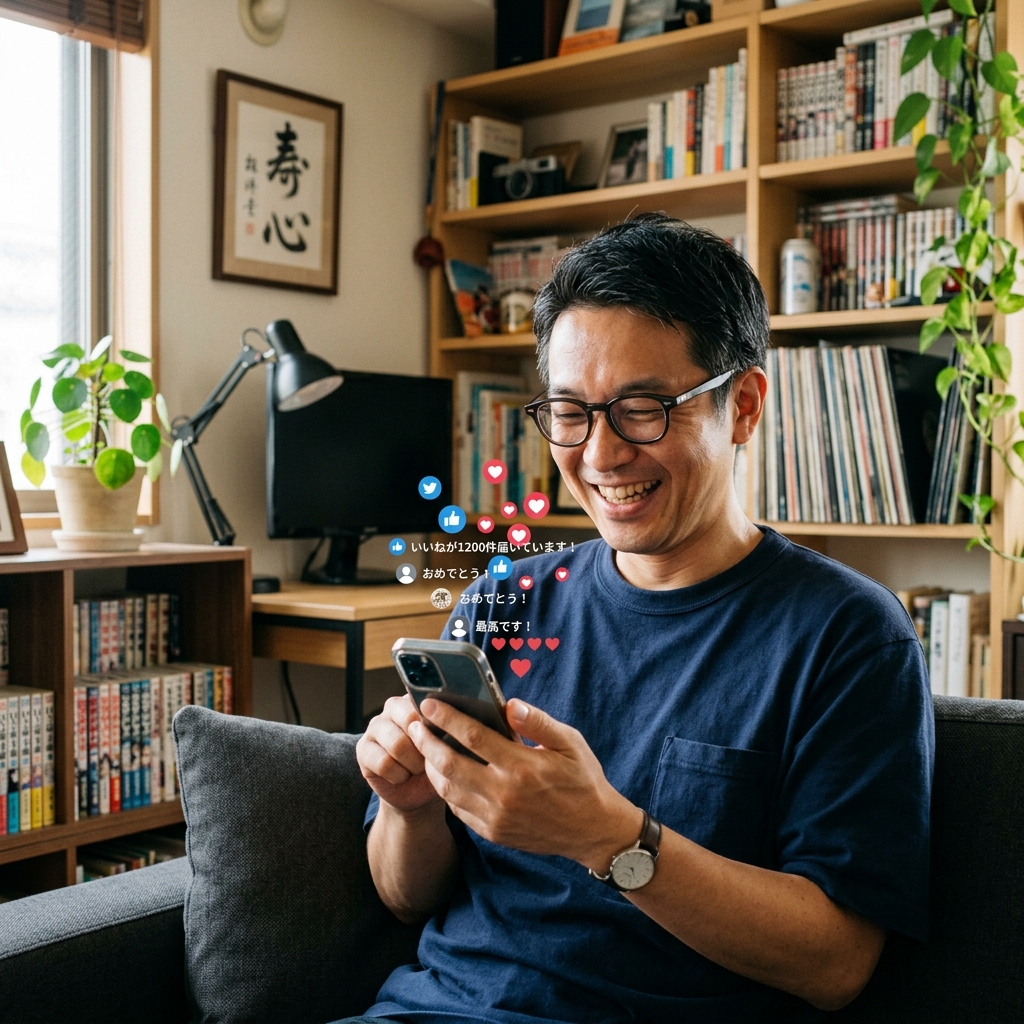 SNSの反応を見て喜ぶ男性