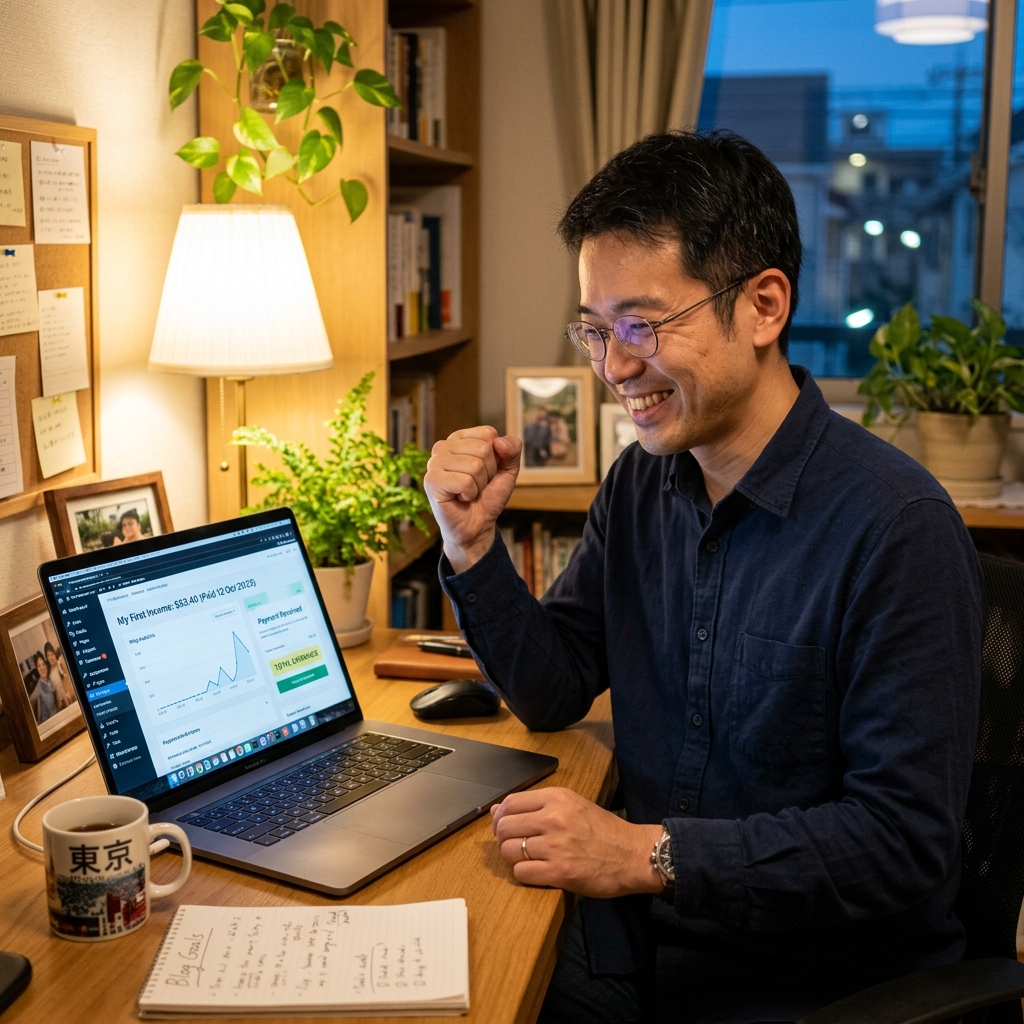 副業の収入にガッツポーズする男性