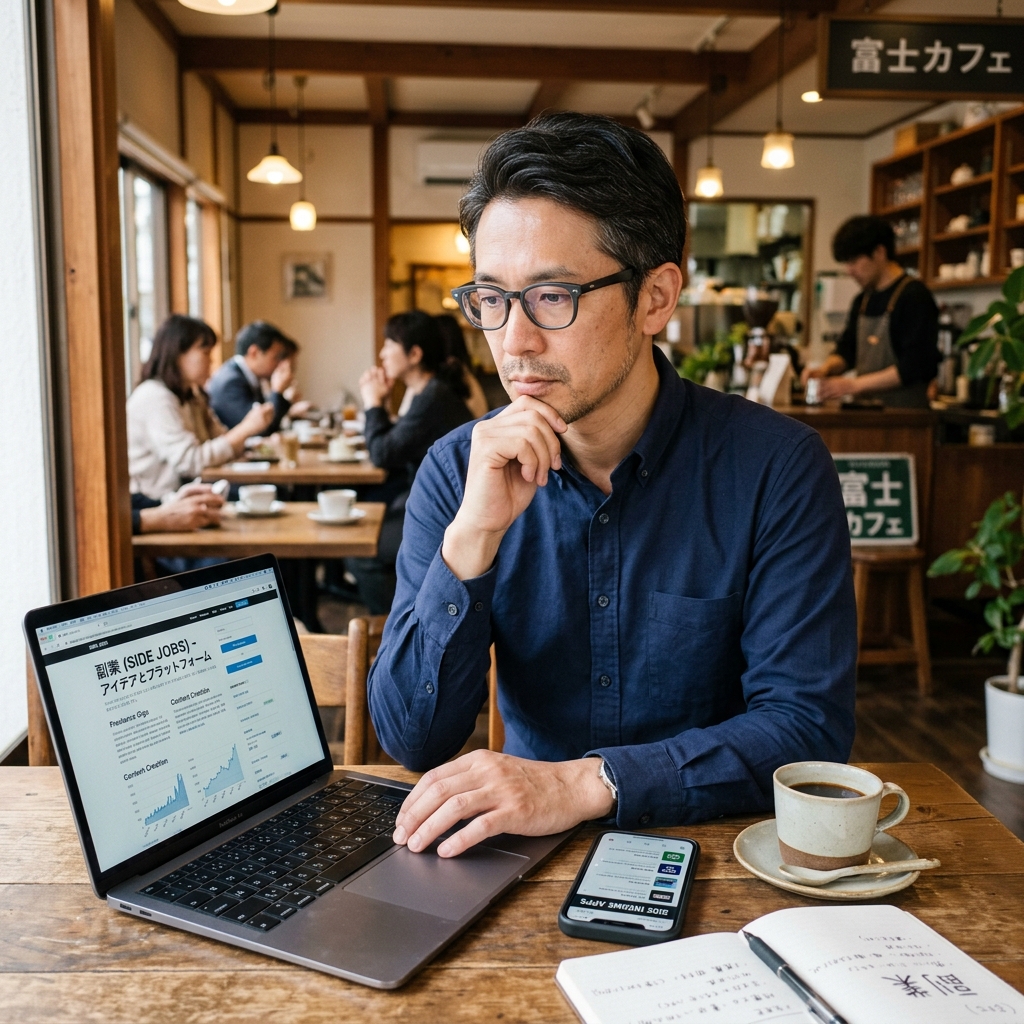 カフェで副業について考える男性
