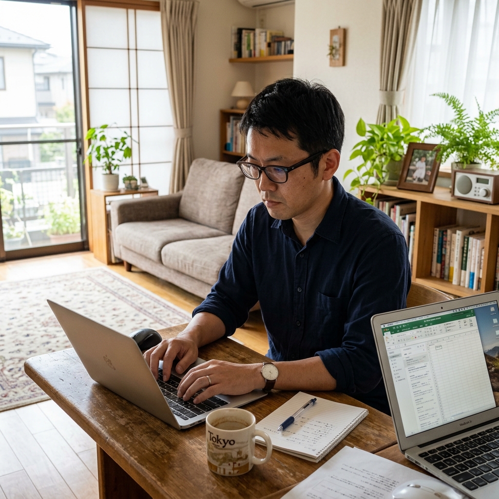 自宅でブログを書く男性