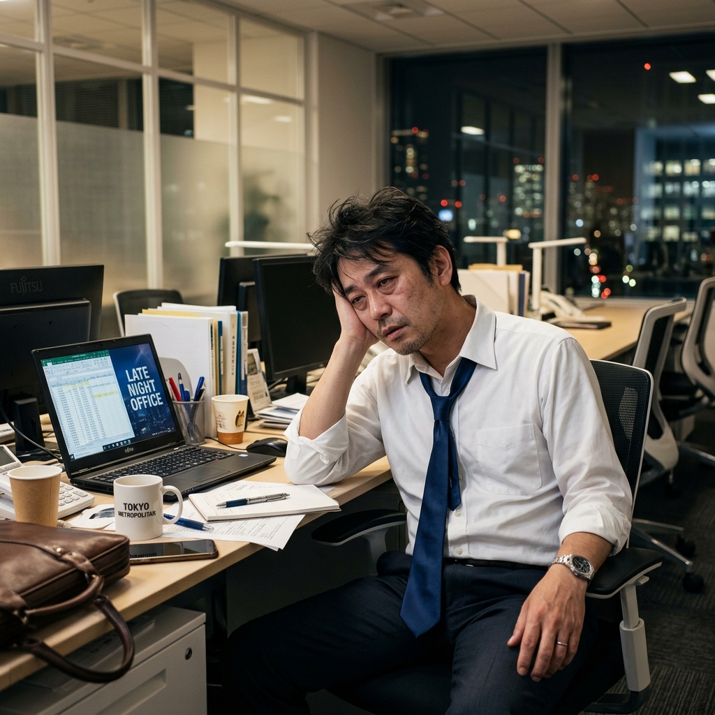 残業で疲れ果てた表情の40代サラリーマン