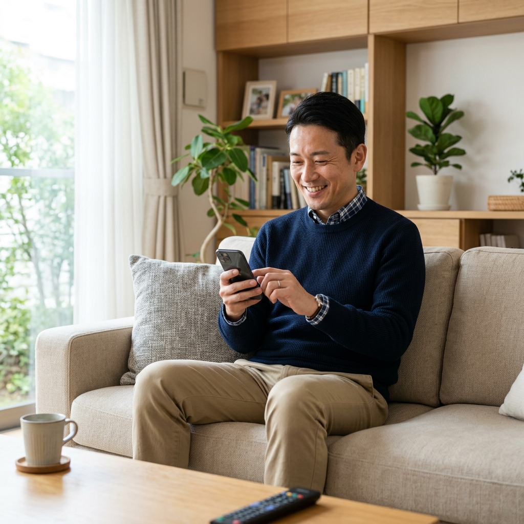 休日にリラックスしながらスマホで副業の作業を進める40代男性