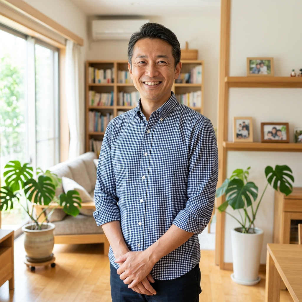 副業のストレスから解放され、笑顔を見せる爽やかな40代男性