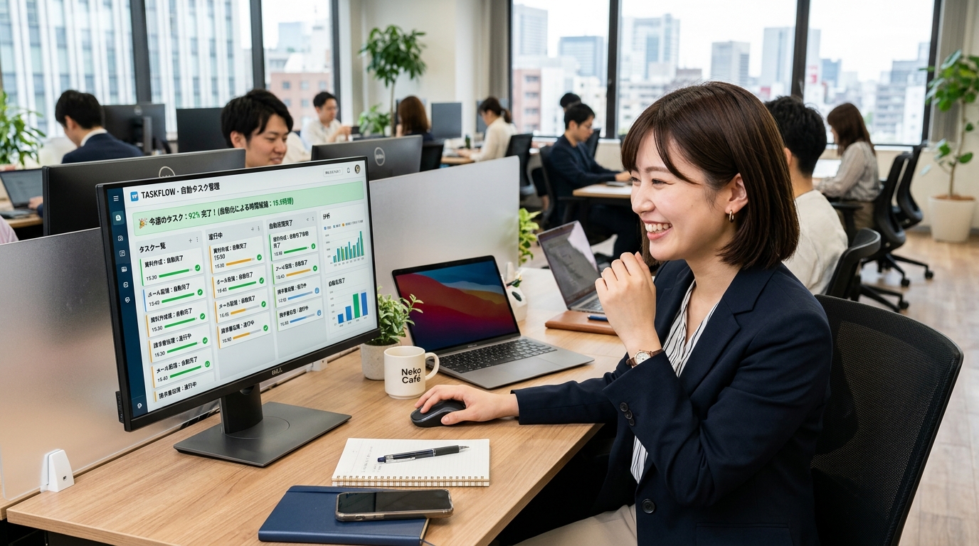 自動化されたタスク管理画面を見て喜ぶビジネスパーソン