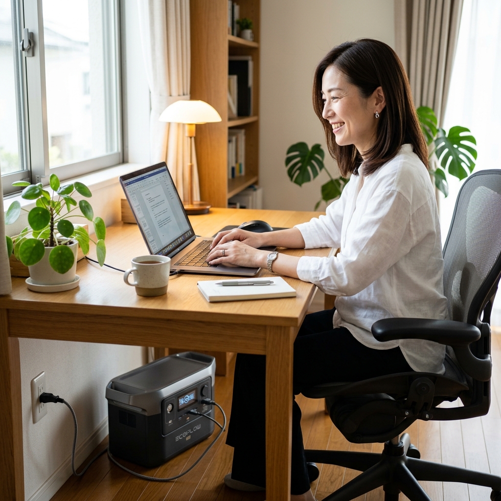 ポータブル電源を足元に置いて笑顔で作業する様子