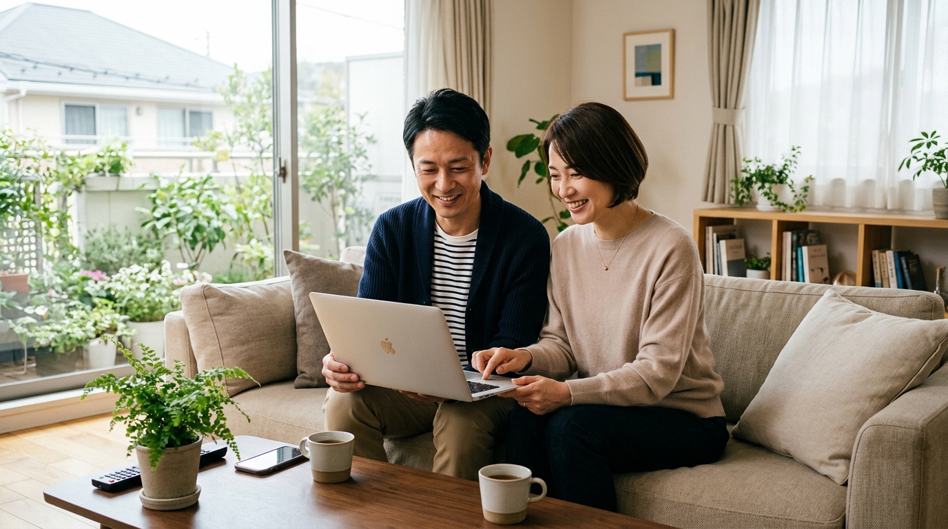 40代の夫婦がパソコンで自動車保険の相場比較表を見て笑顔になっている様子