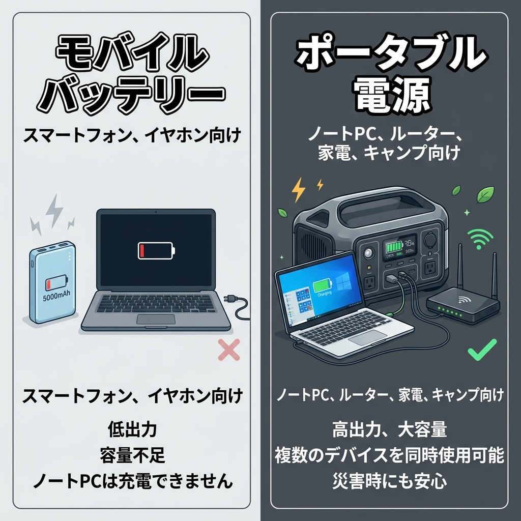 モバイルバッテリーとポータブル電源のパワーの違い