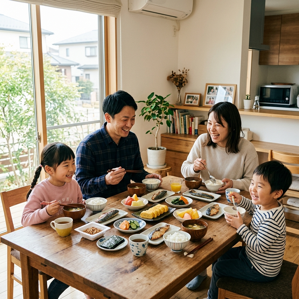 保険料の見直しで家計が節約でき笑顔で団らんする40代家族の様子