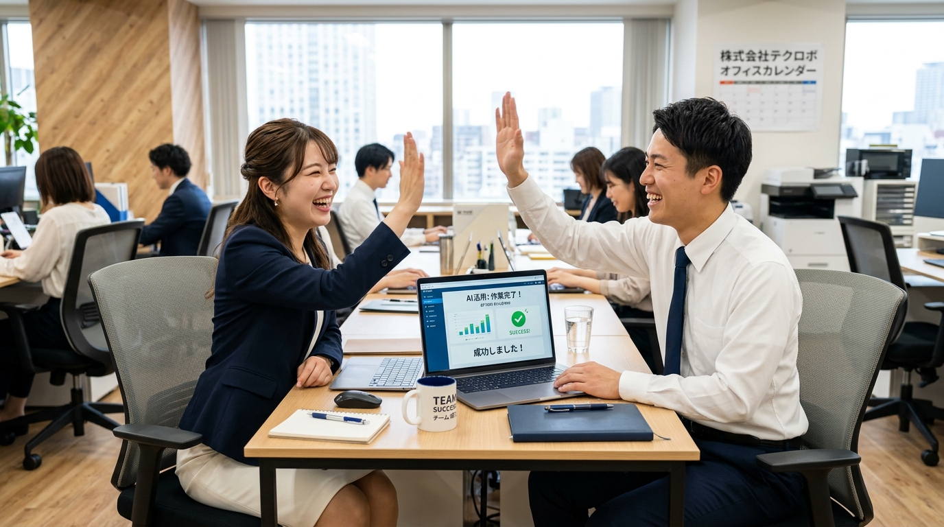 AIを活用して作業を終わらせ喜ぶビジネスパーソン